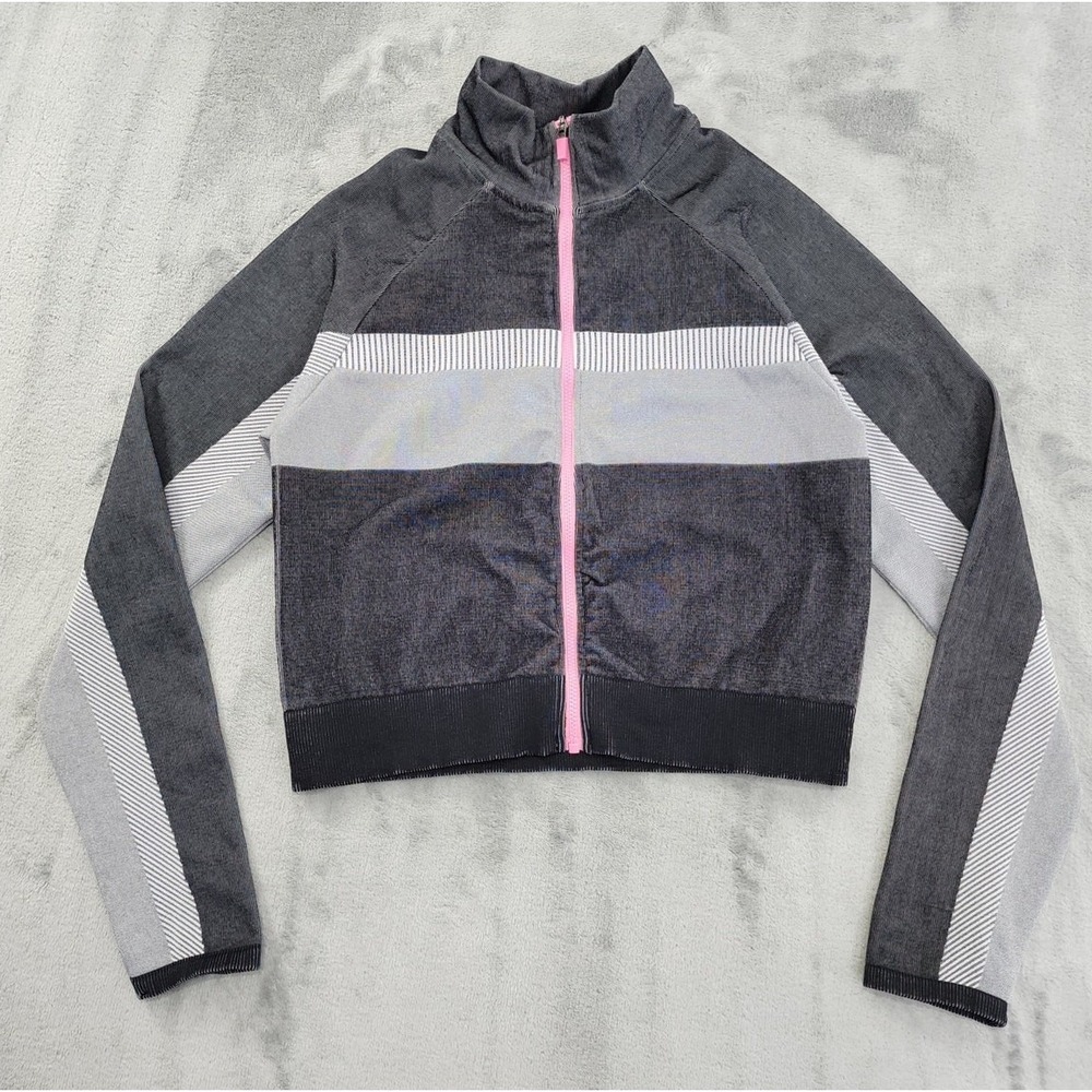 Fabletics Jacket Womens L Black Gray‎ Tory Cropped Seamless Fitted Zip Front Gym